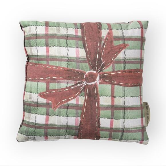 Christmas Present Plaid Ribbon Bow Decorative Accent Pillow - Picture 1 of 11